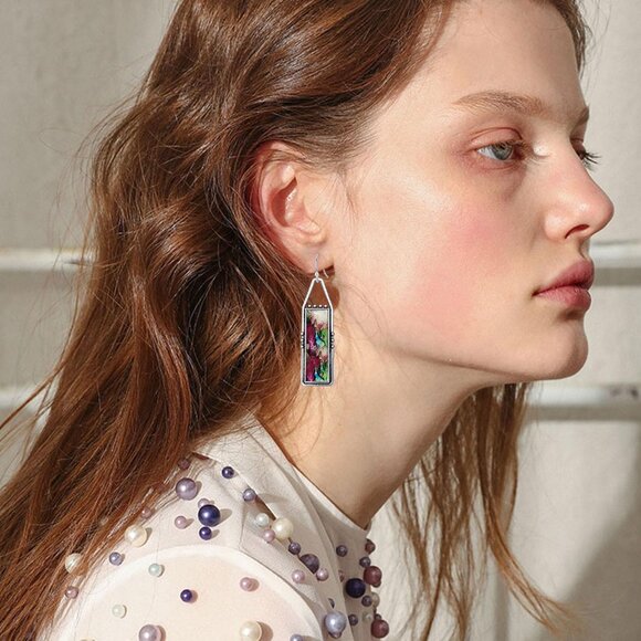 Red GreenHandmade Bohemian Tribal Retro Colorful Square Bar Dangle Drop Earring - Picture 2 of 6